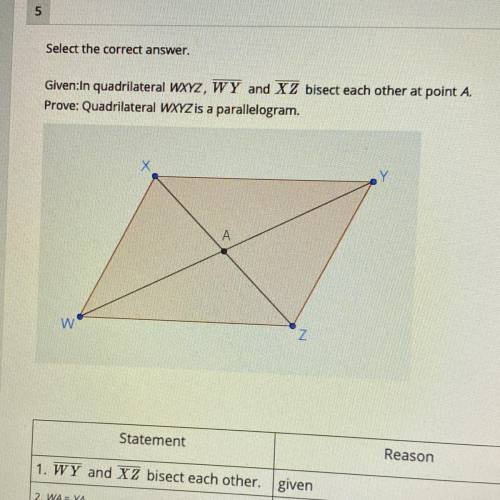 Given:In quadrilateral WXYZ, WY and XZ bisect each other at point A.

Prove: Quadrilateral WXYZ is