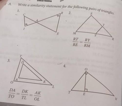Write a similarity statement for the following pairs of triangle.​ please answer sensibly..