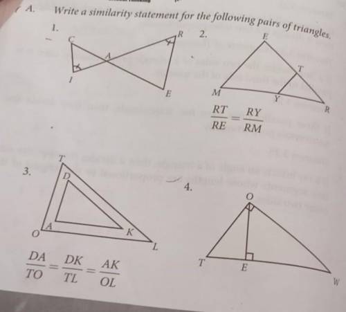 Write a similarity statement for the following pairs of triangle. Please answer sensibly​