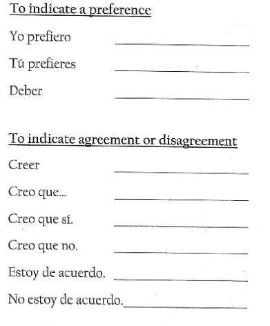 Fill this out:

To indicate a preference:Yo prefieroTú prefieresDeberTo indicate agreement or disa