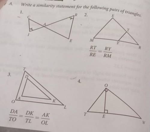 Write a similarity statement for the following pairs of triangle. Please answer sensibly​
