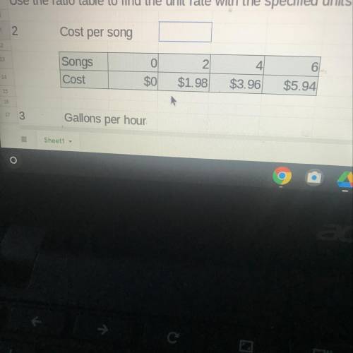 Use the ratio table to find the unit rate with the specified units

Cost per song
0
2
4
6
Songs
Co