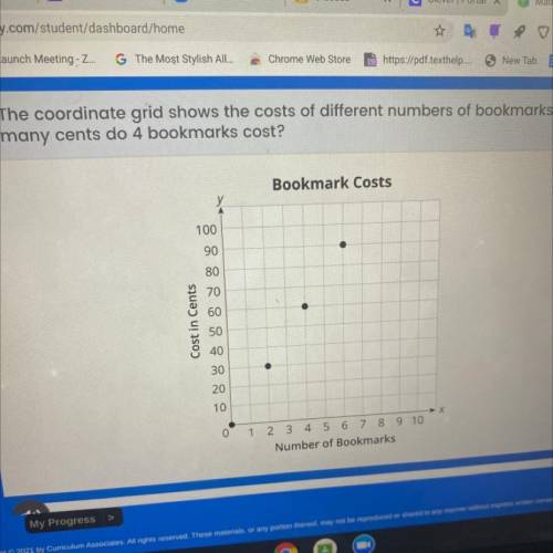 The coordinate grid shows the costs of different numbers of bookmarks. How

many cents do 4 bookma