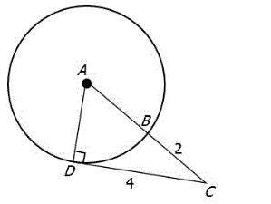 In circle A as shown below, segment DC is tangent to circle A at D.

Also, DC = 4 and BC = 2.
Fin
