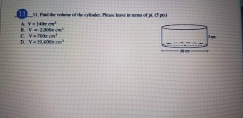 Find the volume of the cylinder. please leave in terms of pi