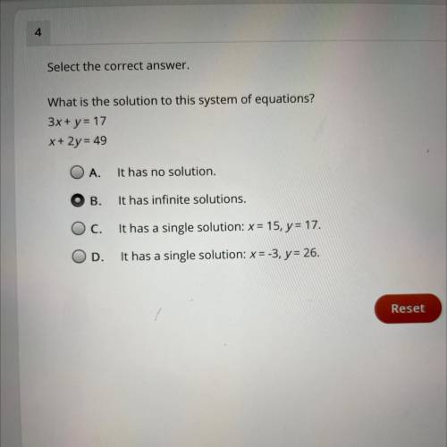 What is the solution to this system of equations? 3x+y =17 x+2y=49