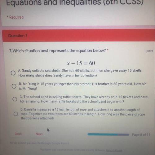 Which situation best represents the equation below x-15=60