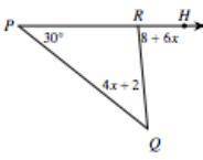 I need to solve for x. The interior angles are 30 and 4x+2. The exterior angle is 8+6x.