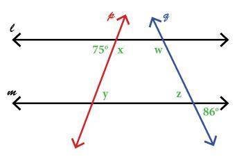 In the following diagram,

ℓ
∥
m
.
Solve for each of the variables w, x, y, and z. For each soluti