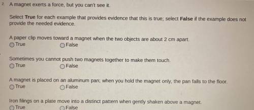 Please help if you know the answer

A magnet exerts a force, but you can't see it.
Select True for