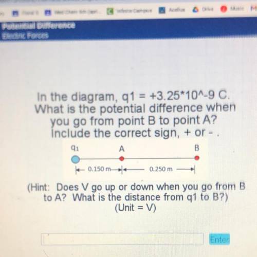 In the diagram, q1 = +3.25*10^-9 C.

What is the potential difference when
you go from point B to