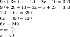 90 + 3x + x + 20 + 2x + 10  = 360\\  90 + 20 + 10 + 3x + x + 2x  = 330\\  120 + 6x = 360 \\ 6x = 360 - 120 \\ 6x = 240 \\ x =  \frac{240}{6}  \\ x = 40