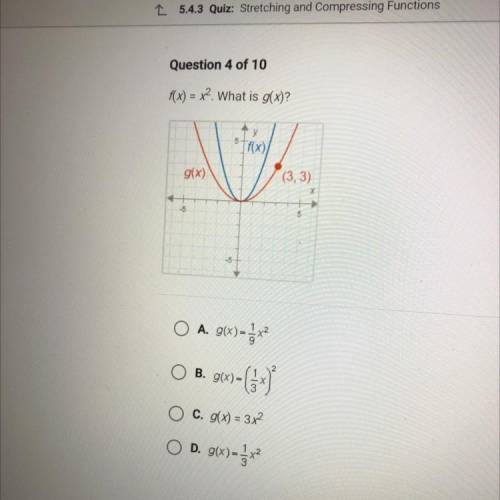 If f(x)=x^2 what is g(x)
A. g(x)=1/9x^2
B. g(x)=(1/3x)^2
C. g(x)=3x^2
D. g(x)=1/3x^2