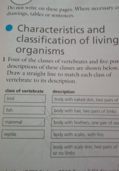 Organisms

1 Four of the classes of vertebrates and five possibledescriptions of these classes are