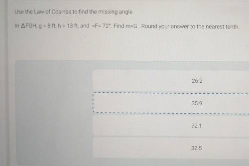 Use the Law of Cosines to find the missing angle

In AFGH, g = 8 ft, h = 13 ft, and <F= 72°. Fi