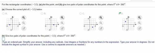 Give two pairs of polar coordinates for the point ​(-3,3), where 0°≤∅∠60.