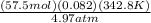 \frac{(57.5 mol)(0.082)(342.8 K)}{4.97 atm}