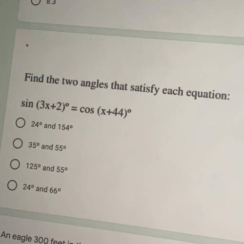 Find the two angles that satisfy each equation