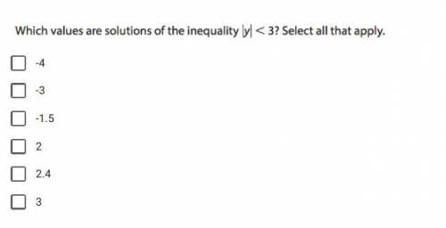 Which values are solutions of the inequality |y| <3? select all that apply.

1. -4
2. -3
3. -1.