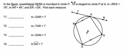 In the figure, quadrilateral GERA is inscribed in circle P. TA is tangent to circle P at A, m∠REG =