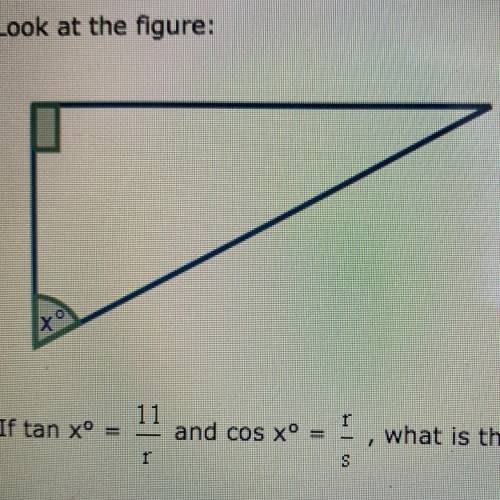 Look at the figure:

If tan x° = 11/r and cos x° = r/s, what is the value of sin x°?
-sin x° = s/1