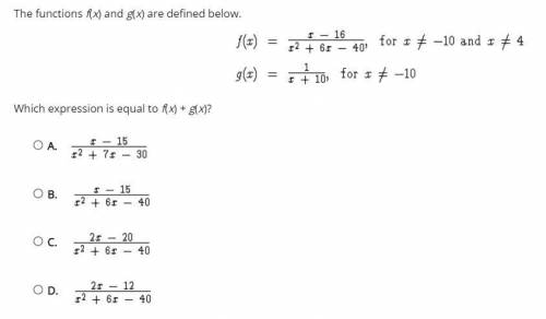 The functions f(x) and g(x) are defined below.

Which expression is equal to f(x) + g(x)?