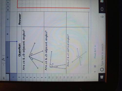 Angle relationships.

QUESTIONS ARE #1, & 2, Are <a & <b adjacent angles?QUESTIONS A