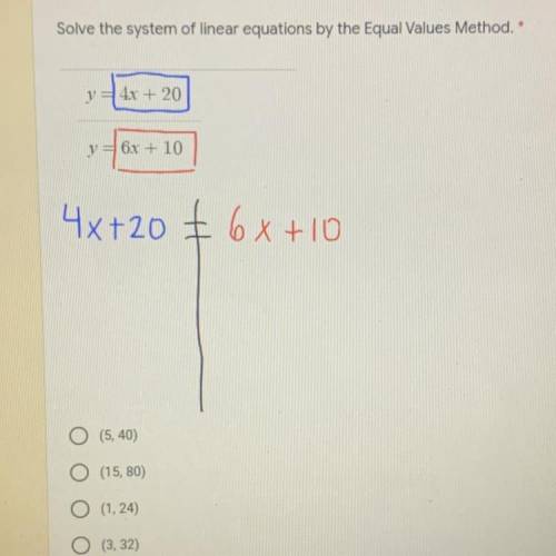 Solve the system of linear equations by the equal values method