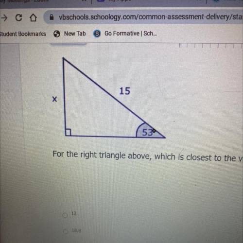 For the right triangle above, which is closest to the value of x?

A .12
B. 18.8
C. 09
D. 20