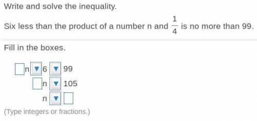 Please help! Write and solve the inequality.

Six less than the product of a number n and 1/4 is n