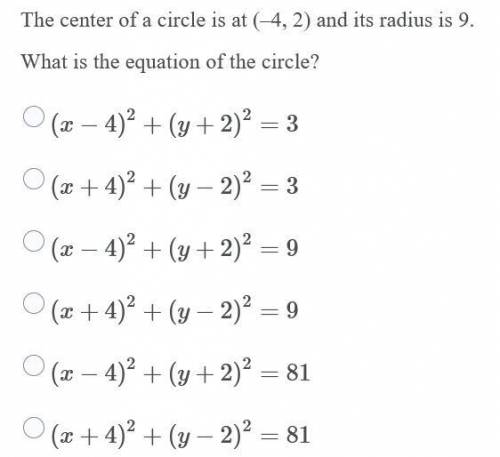 The center of a circle is at (–4, 2) and its radius is 9.

What is the equation of the circle?
(x−
