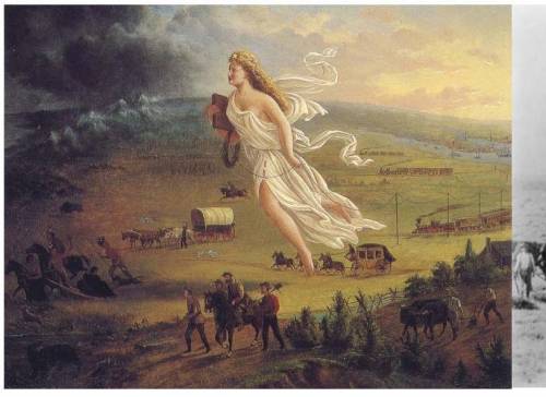 Please help!How does the picture depicting Manifest Destiny relate to the Texas settlers?