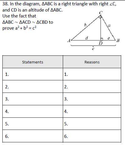 Need help filling out this proof

In the diagram, ΔABC is a right triangle with right ∠C,and CD is