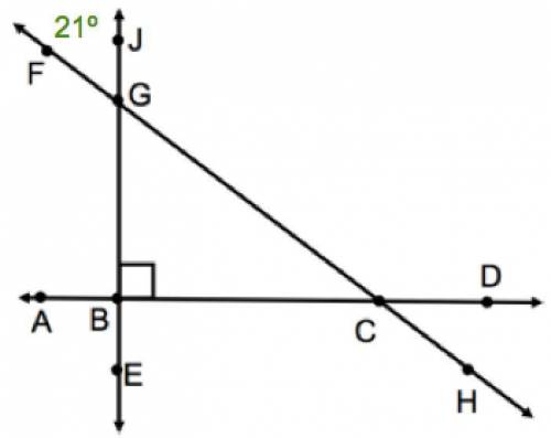 Refer to the diagram below. If m∠FGJ=21º, find m∠GCD.