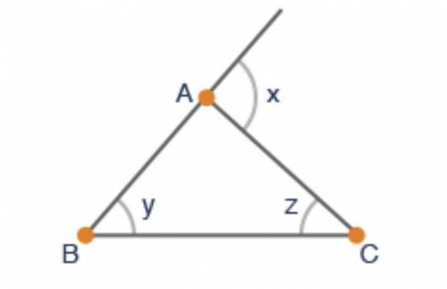 Which relationship is always true for the angles x, y, and z of triangle ABC? (4 points)

x + z =