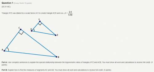 Please help ASAP!

Triangle XYZ was dilated by a scale factor of 2 to create triangle ACB and cos