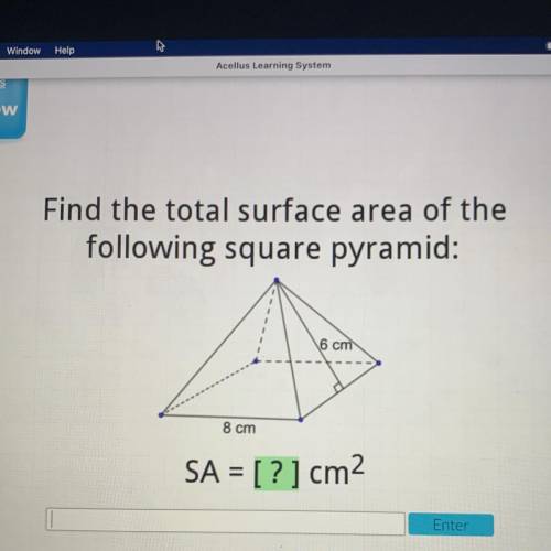GIVING BRAINLIEST, no links Find the total surface area of the

following square pyramid:
6 cm
8 c