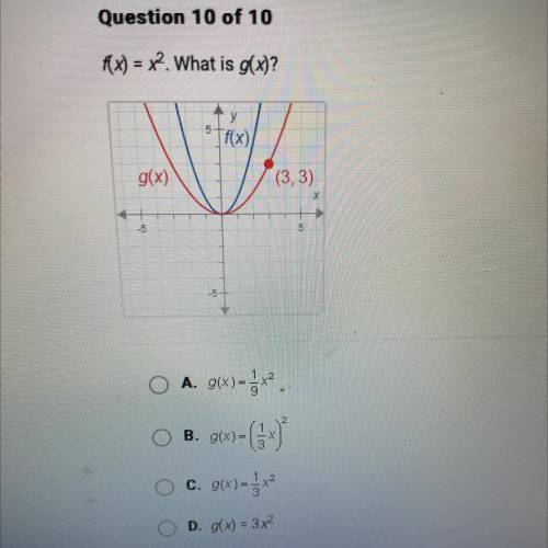 Question 10 of 10

Ax) = x2. What is g(x)?
[ f(x)/
g(x)
(3, 3)
X
-5
5
5
O A. 96)-**
O B. g(x)=
)
C