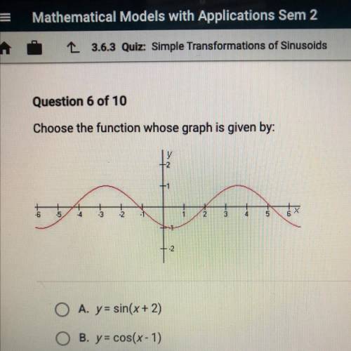 Choose the function whose graph is given by:
 

OA. y = sin(x+2)
OB. y = cos(x-1)
Oc. y= sin(x-2)
O
