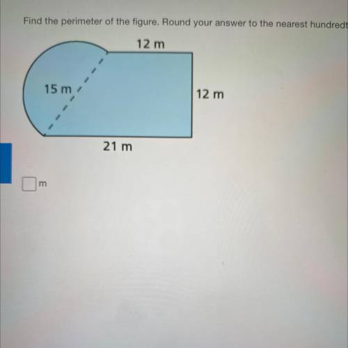Find the perimeter of the figure. Round your answer to the nearest hundredth.
 

12 m
15 m
12 m
21