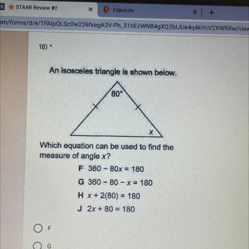 An isosceles triangle is shown below.

80°
X
Which equation can be used to find the
measure of ang