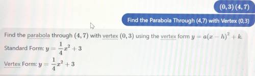 I WILL MARK BRAINLIEST! A parabola opening up or down has vertex (0,3) and passes through (4,7). Wri
