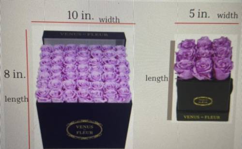 The diagram shows the length and width of two boxes of flowers. The length and width of the two box