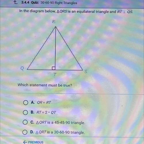 In the diagram below, AQRS is an equilateral triangle and RT I QS.

R
Q
S
7
Which statement must b