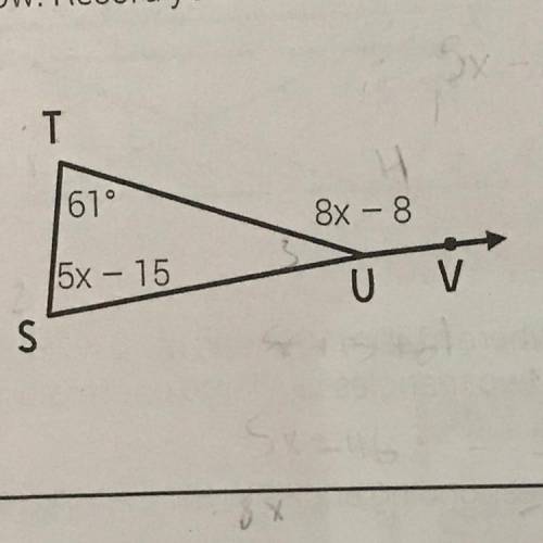 10. Find the measure of exterior angle TUV below. Record your answer on the grid.