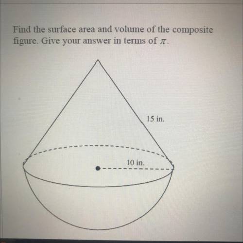 Find the surface area and volume of the composite
figure. Give your answer in terms of TT.