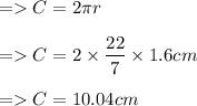 = C = 2\pi r \\\\ = C = 2\times \dfrac{22}{7}\times 1.6cm \\\\ = \red{ C = 10.04 cm }