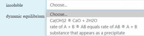 Match each statement with the correct item below:

(Only 2 choices are used.)
Insoluble -
Dynamic