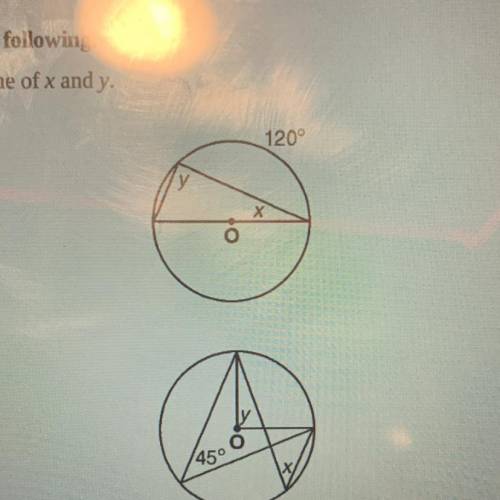 For the given circle, find the value of x and y