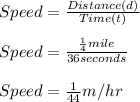 Speed = \frac{Distance (d)}{Time (t)}\\\\Speed= \frac{\frac{1}{4} mile }{36 seconds} \\\\Speed =\frac{1}{44}m/hr